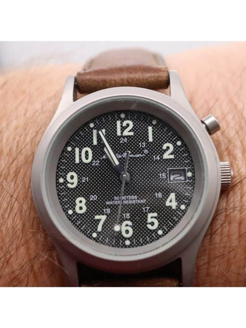 Eddie Bauer Light Up Field Men's Watch Perforated Dial Leather 1215 42102